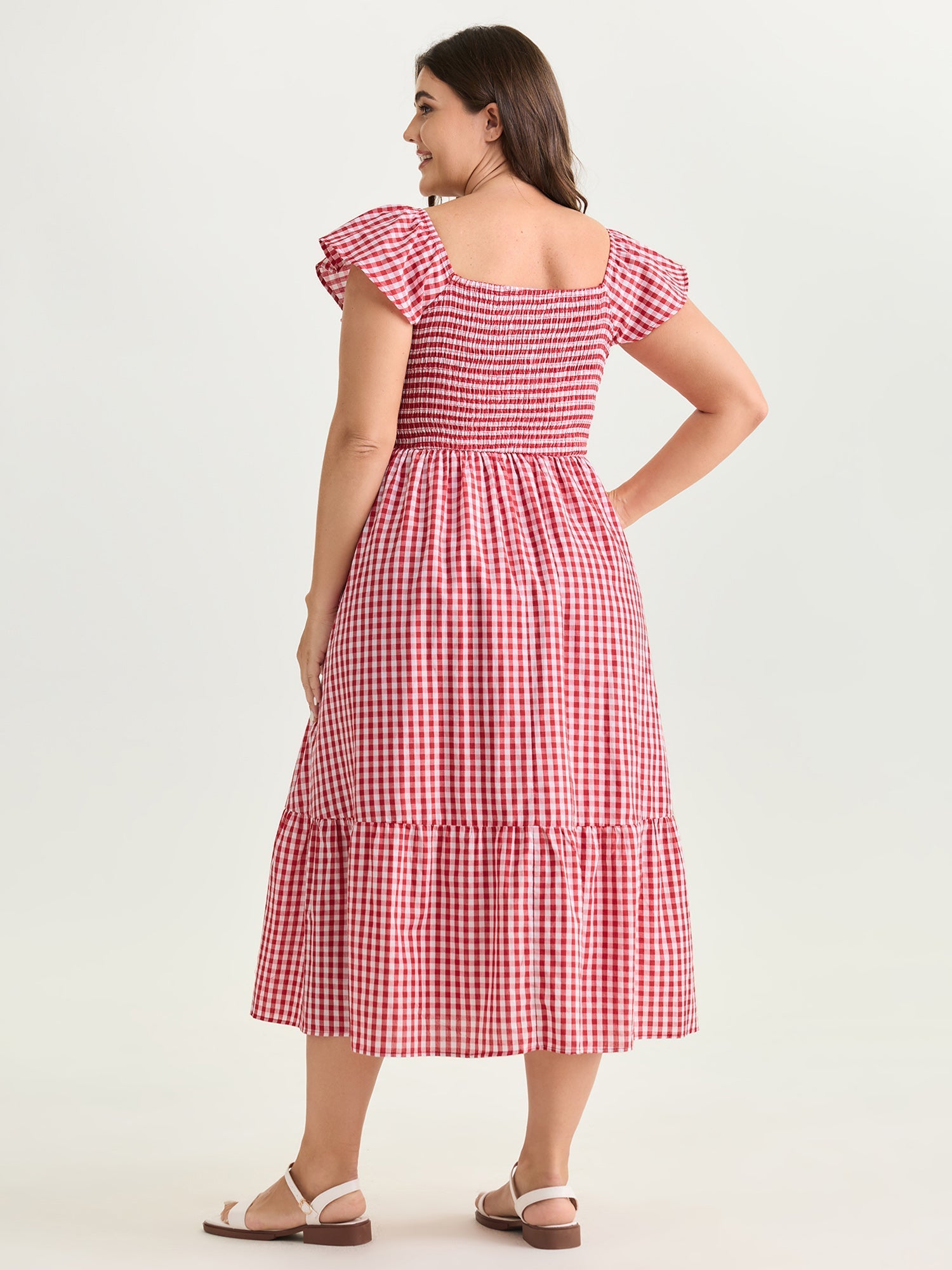 Cotton Gingham Print Shirred Bodice Midi Dress