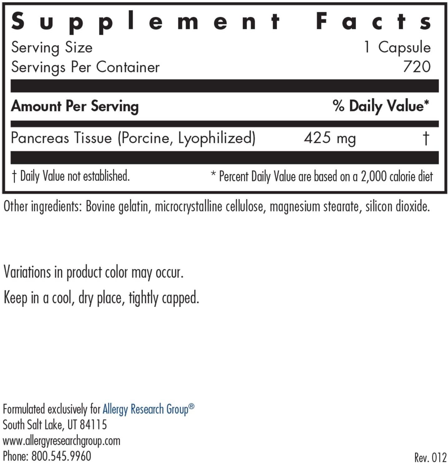 Allergy Research Group - Pancreas Pork - Natural Glandular, Digestive Support - 720 Vegicaps