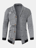 mens houndstooth pattern patchwork lapel button front knit casual cardigans