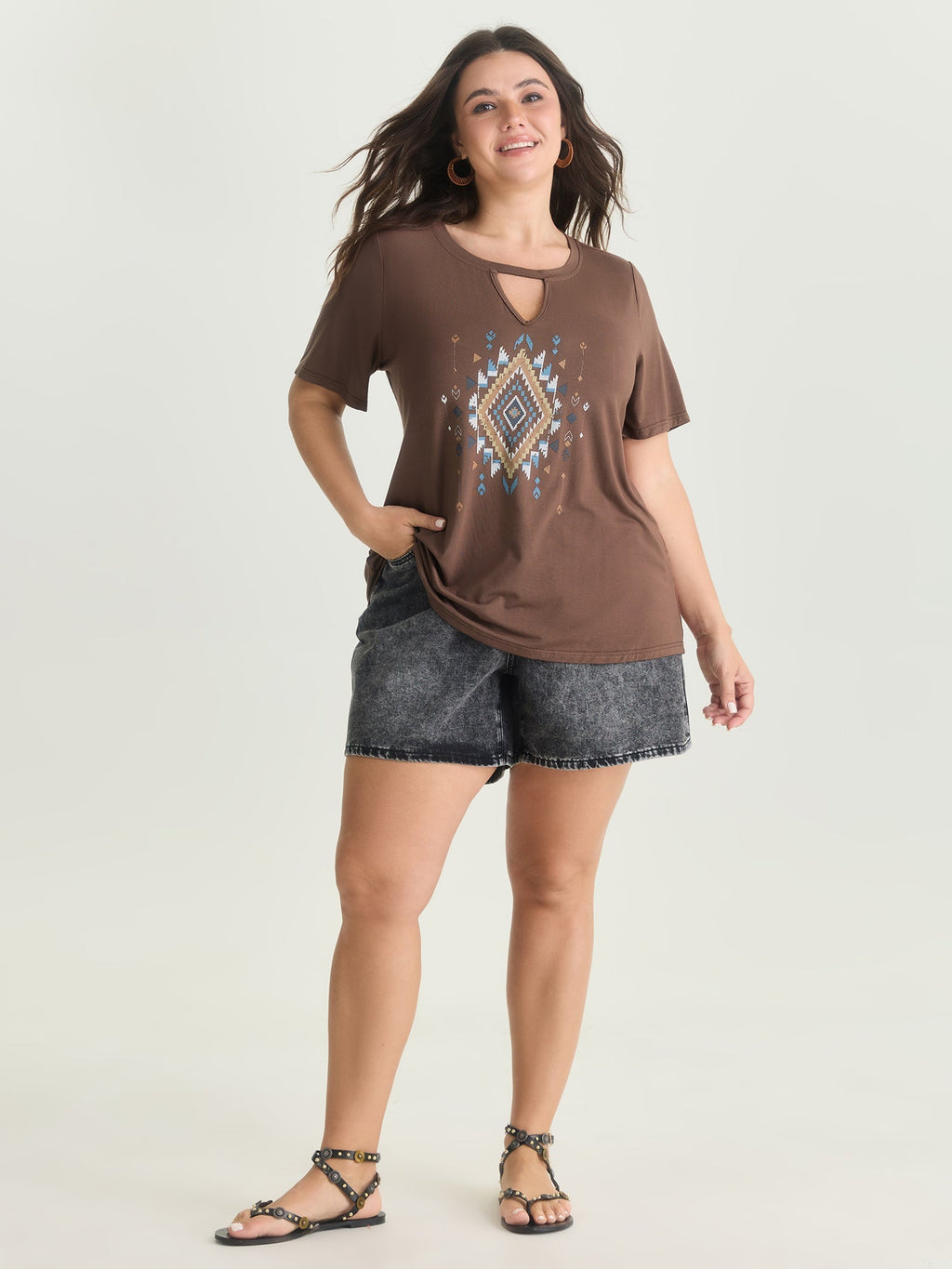 Supersoft Geometric Print Keyhole Neckline T-Shirt