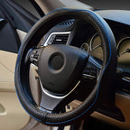 Valleycomfy Steering Wheel Covers Universal 15 inch - Genuine Leather, Breathable, Anti Slip &amp; Odor (Black with Blue Lines, M(14" 1/2-15" 1/4))