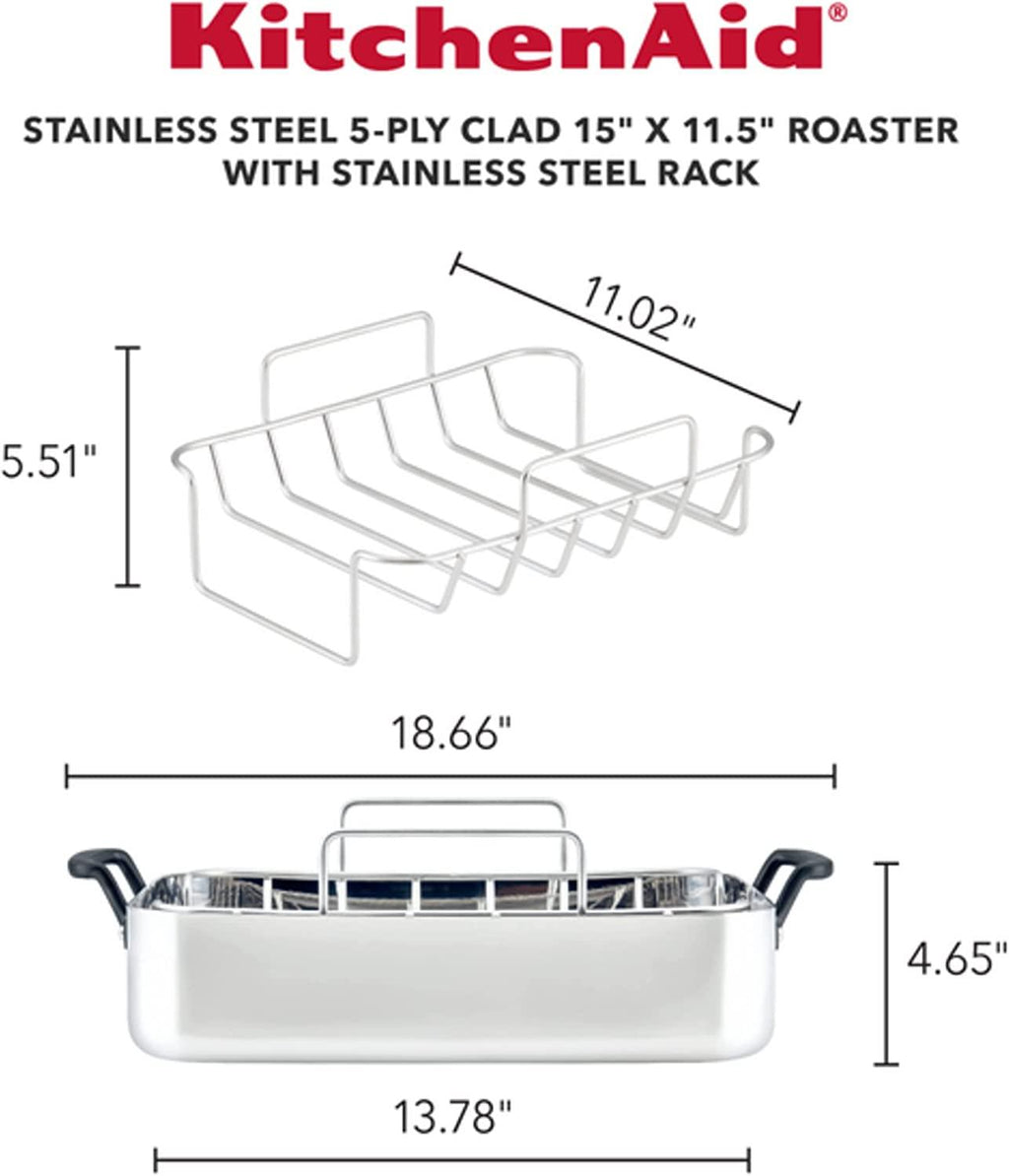 KitchenAid 5-Ply Clad Stainless Steel Roasting Pan / Roaster with Removable Rack, 15 Inch x 11.5 Inch - Polished Stainless Steel