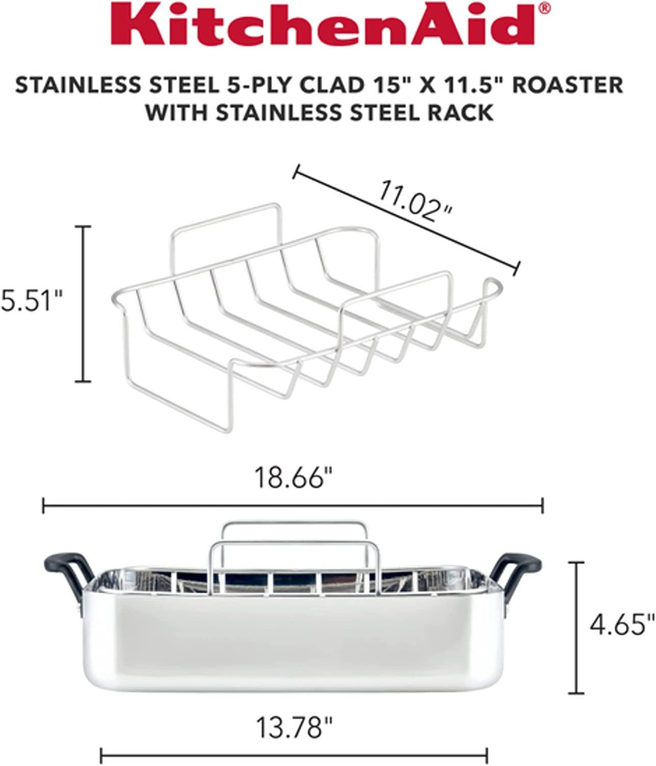 KitchenAid 5-Ply Clad Stainless Steel Roasting Pan / Roaster with Removable Rack, 15 Inch x 11.5 Inch - Polished Stainless Steel