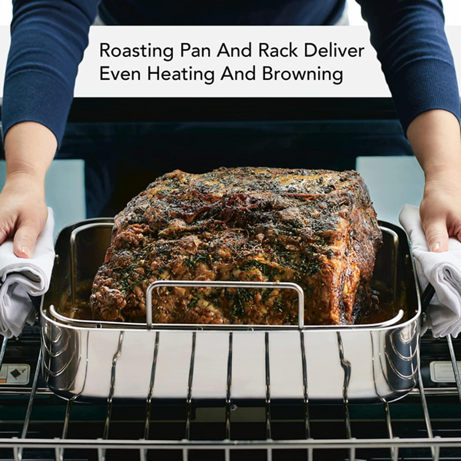 KitchenAid 5-Ply Clad Stainless Steel Roasting Pan / Roaster with Removable Rack, 15 Inch x 11.5 Inch - Polished Stainless Steel