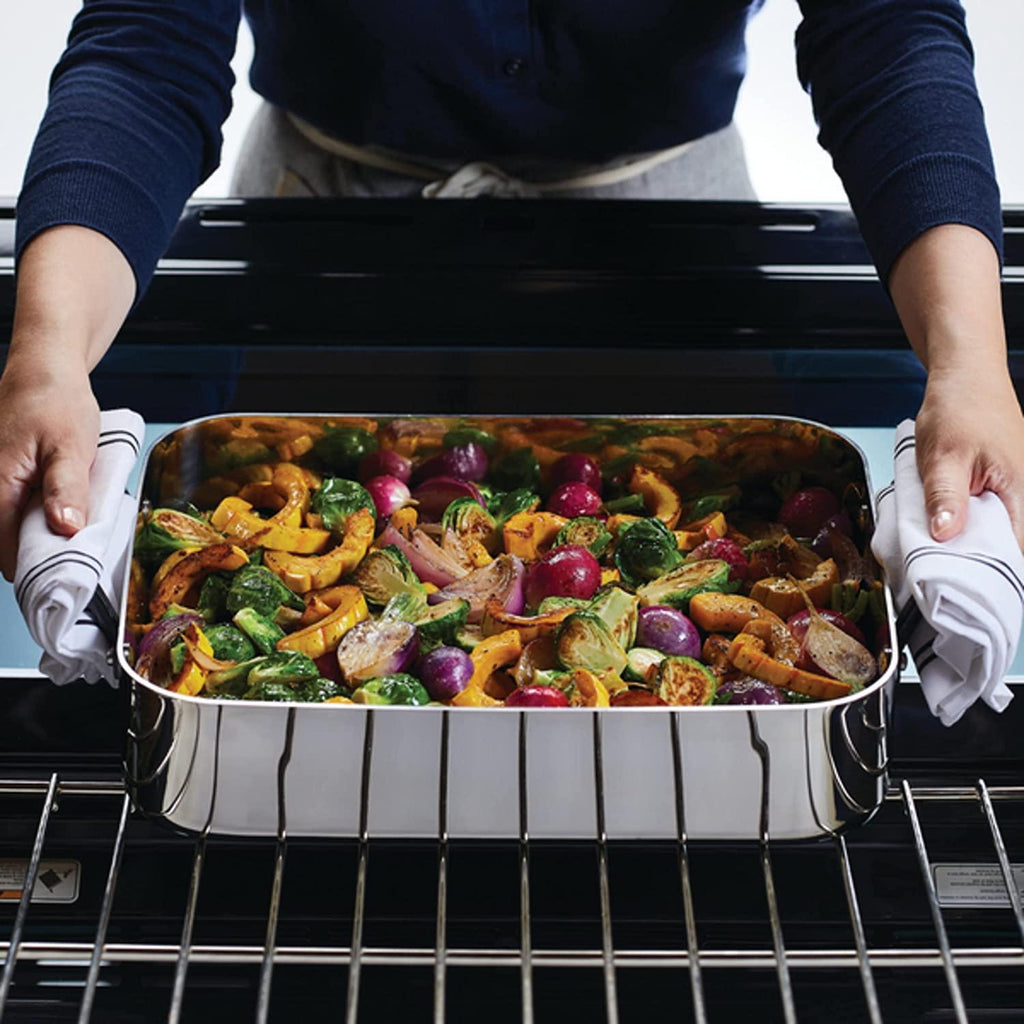 KitchenAid 5-Ply Clad Stainless Steel Roasting Pan / Roaster with Removable Rack, 15 Inch x 11.5 Inch - Polished Stainless Steel