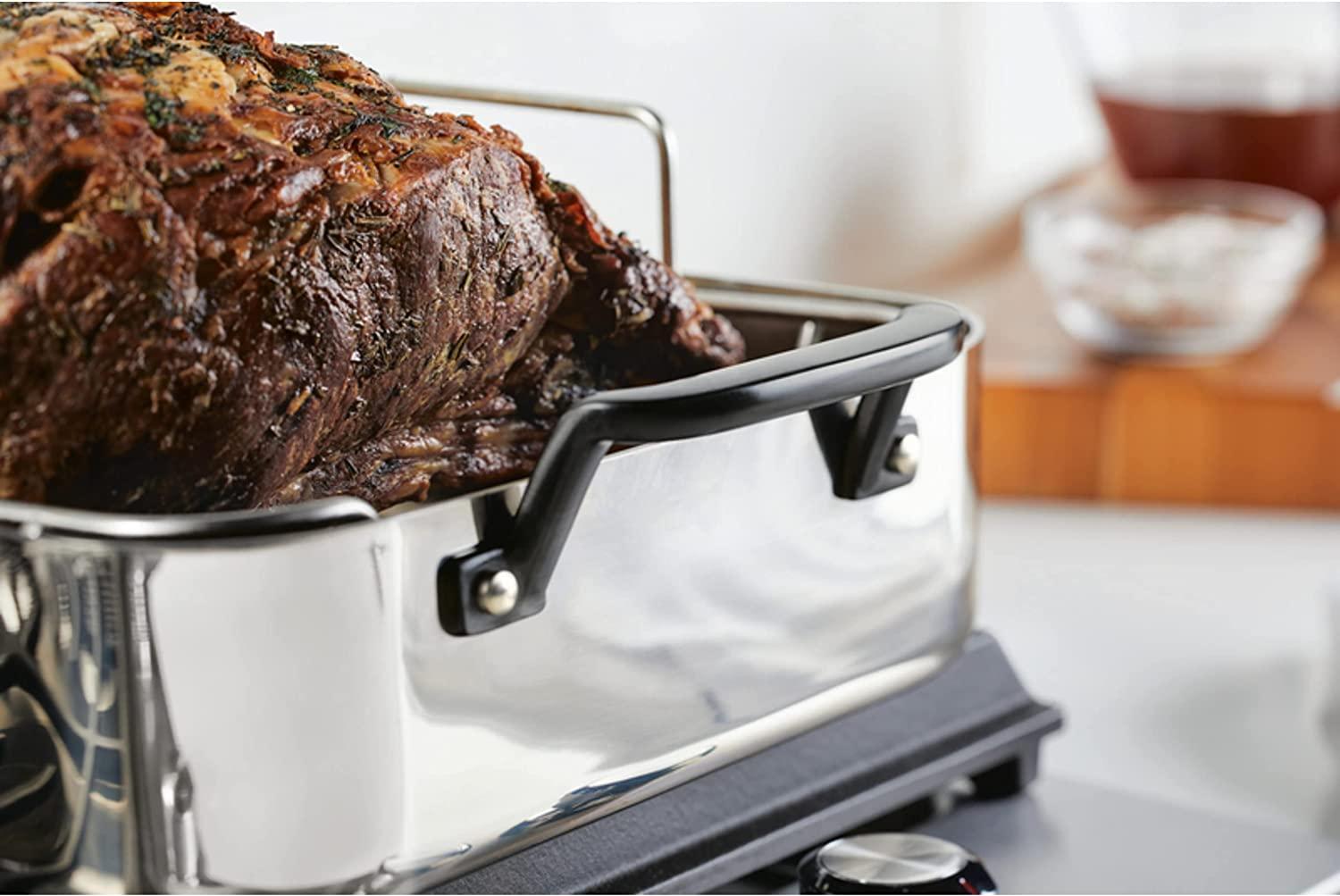 KitchenAid 5-Ply Clad Stainless Steel Roasting Pan / Roaster with Removable Rack, 15 Inch x 11.5 Inch - Polished Stainless Steel