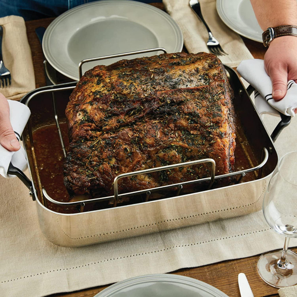 KitchenAid 5-Ply Clad Stainless Steel Roasting Pan / Roaster with Removable Rack, 15 Inch x 11.5 Inch - Polished Stainless Steel