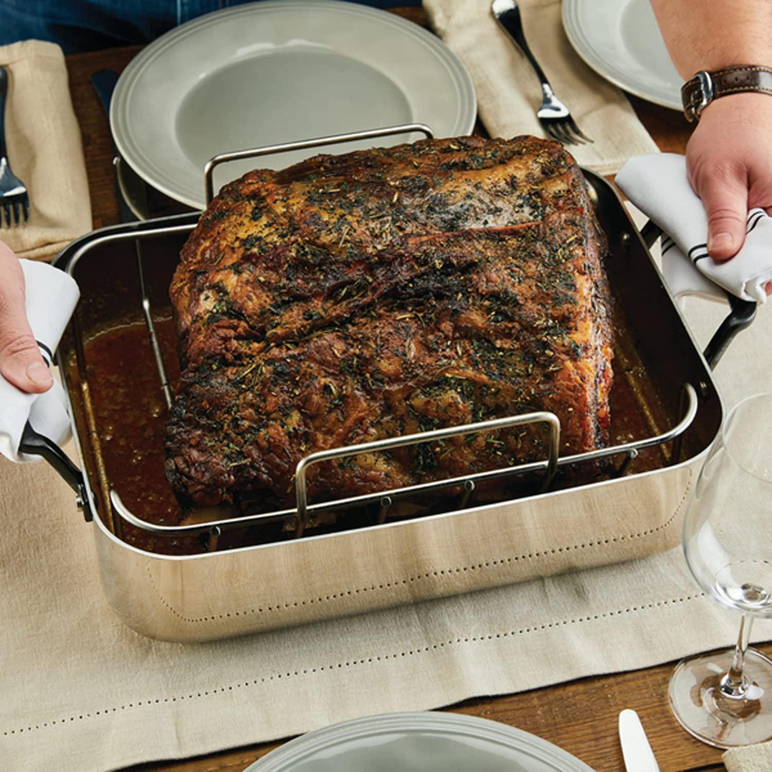 KitchenAid 5-Ply Clad Stainless Steel Roasting Pan / Roaster with Removable Rack, 15 Inch x 11.5 Inch - Polished Stainless Steel