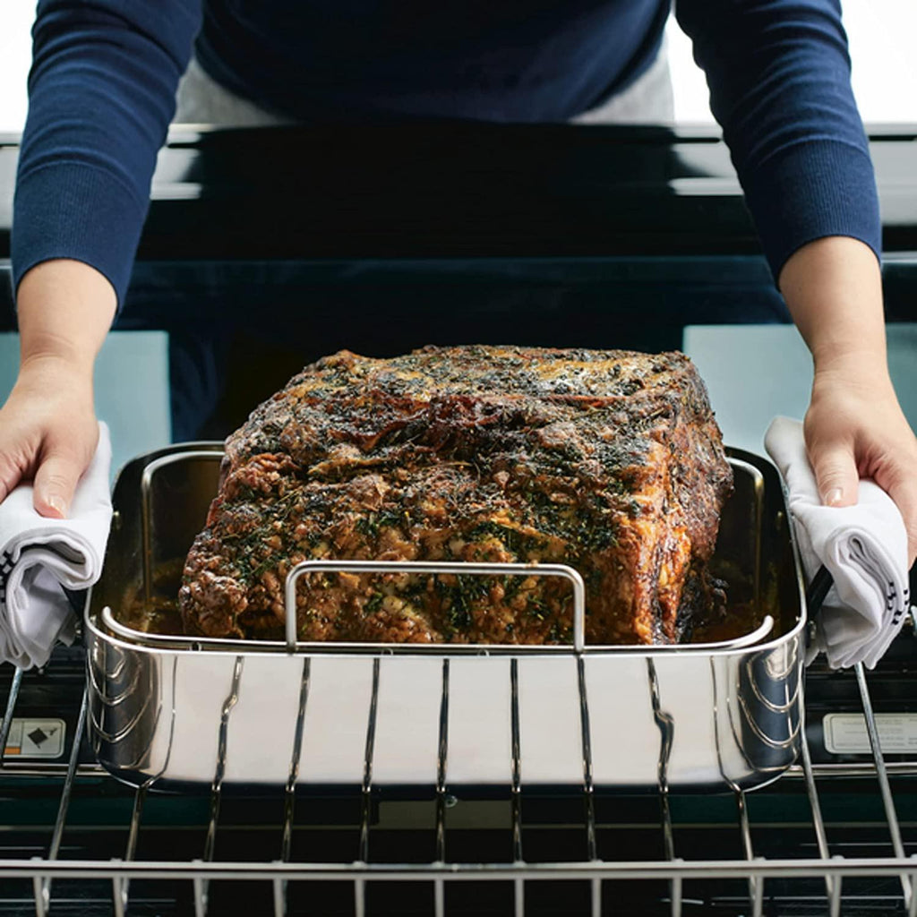 KitchenAid 5-Ply Clad Stainless Steel Roasting Pan / Roaster with Removable Rack, 15 Inch x 11.5 Inch - Polished Stainless Steel