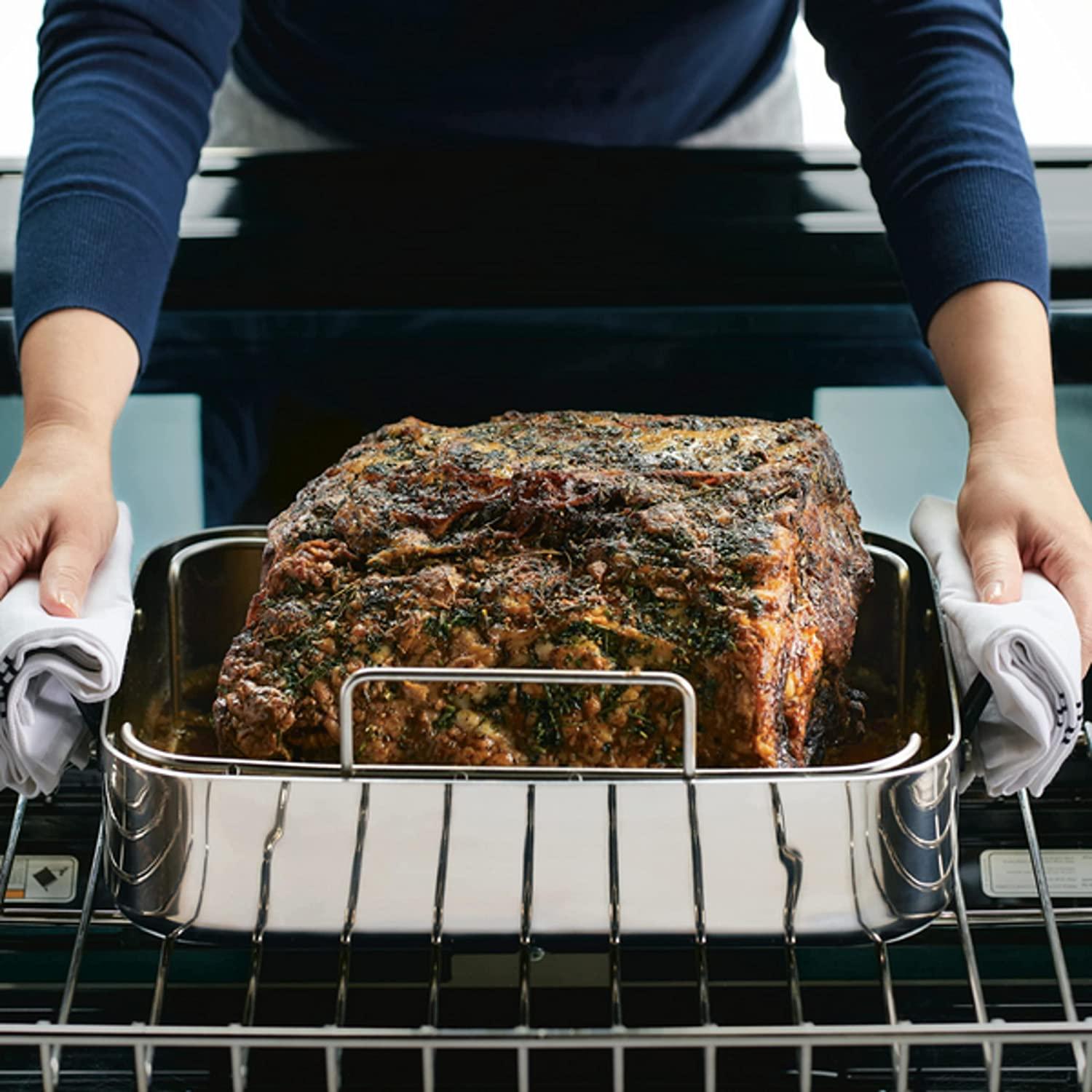 KitchenAid 5-Ply Clad Stainless Steel Roasting Pan / Roaster with Removable Rack, 15 Inch x 11.5 Inch - Polished Stainless Steel