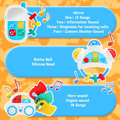 Baby Sensory Toys - 3PCS Baby Rattle Teething Toys Kits with Music, Infant Newborn Montessori Toys for Boys Girls 0-18 Months, Toddler Travel Toys Christmas