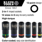 Klein Tools 66010 2-in-1 Impact Socket Set, 6-Piece Tool Set with 12-Point Deep Sockets with 1/2-Inch Drive, Includes Tool Case