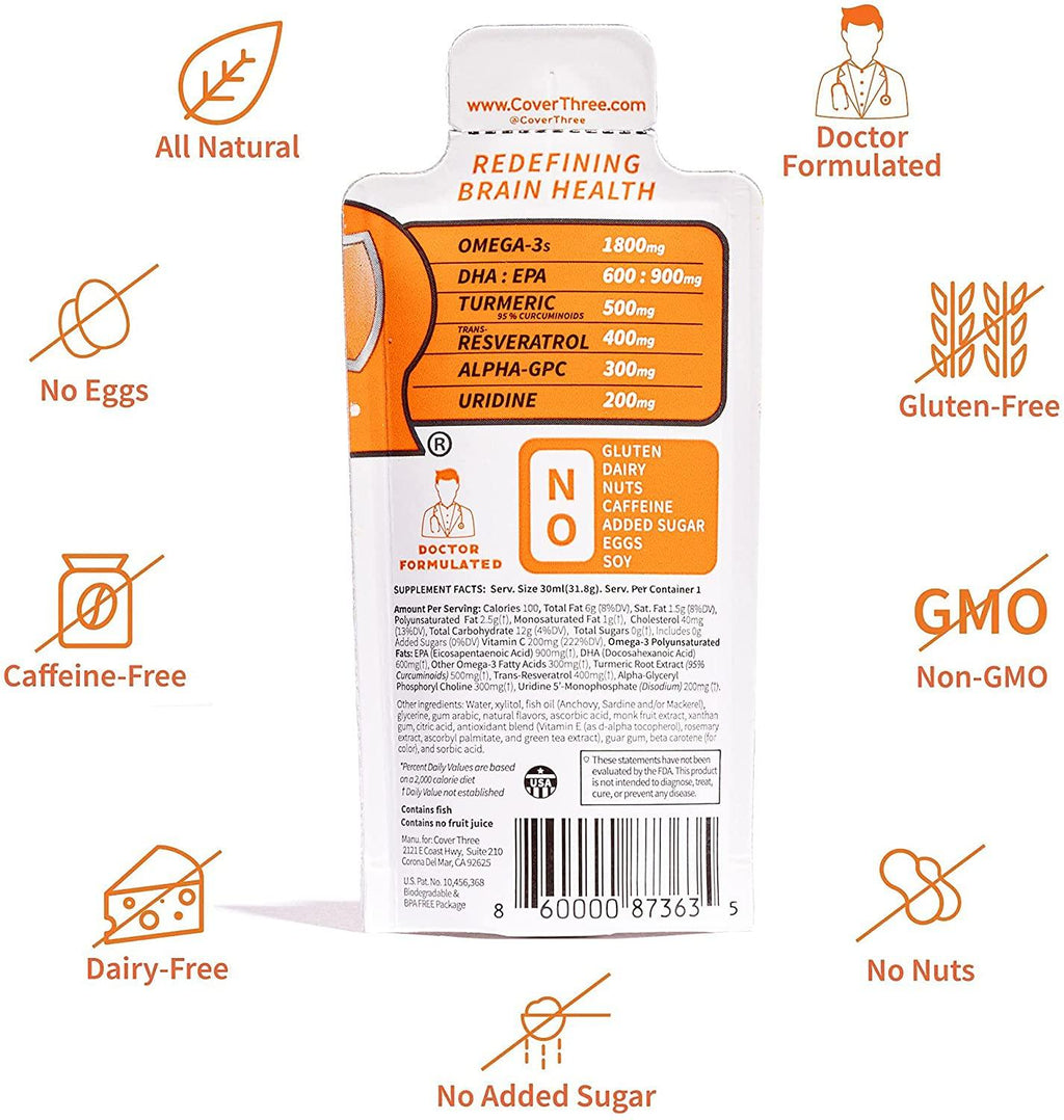 Cover Three Nootropic Brain Supplement - Help Increase Focus, Memory, Clarity - Trans Resveratrol, Omega 3's, Uridine, Curcumin, Vitamin C, Alpha GPC - Orange Flavor 30 Count (Pack of 3)