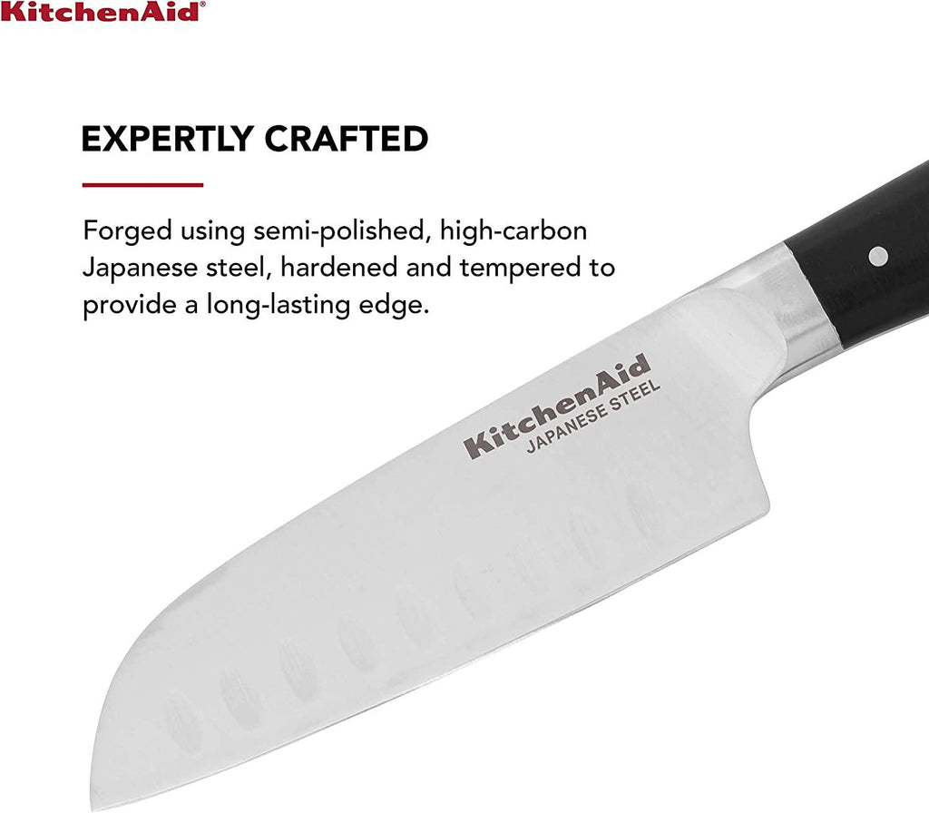 KitchenAid Gourmet Forged Triple Rivet Santoku Knife with Custom-Fit Blade Cover, 5-inch, Sharp Kitchen Knife, High-Carbon Japanese Stainless Steel Blade, Black