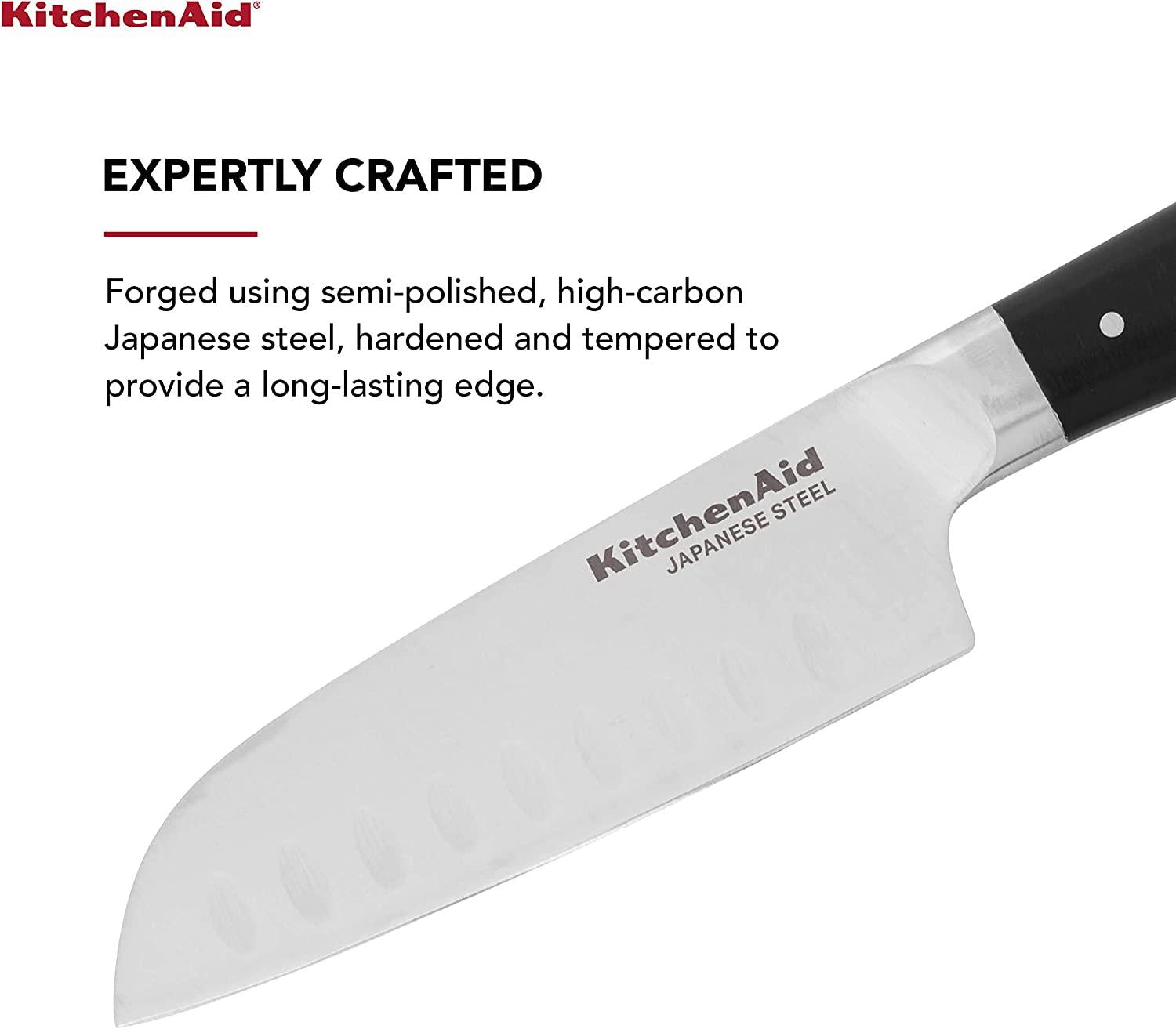 KitchenAid Gourmet Forged Triple Rivet Santoku Knife with Custom-Fit Blade Cover, 5-inch, Sharp Kitchen Knife, High-Carbon Japanese Stainless Steel Blade, Black