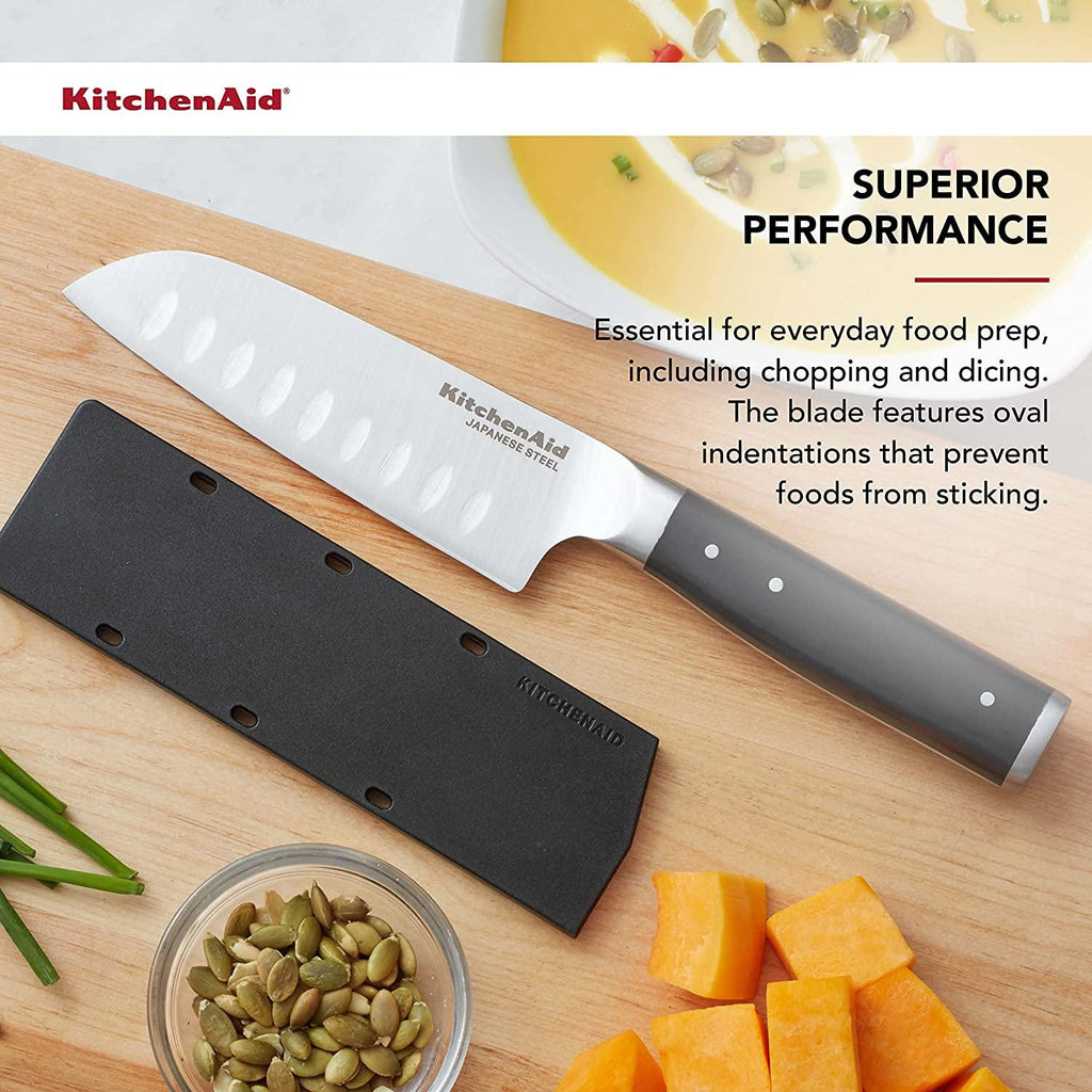 KitchenAid Gourmet Forged Triple Rivet Santoku Knife with Custom-Fit Blade Cover, 5-inch, Sharp Kitchen Knife, High-Carbon Japanese Stainless Steel Blade, Black