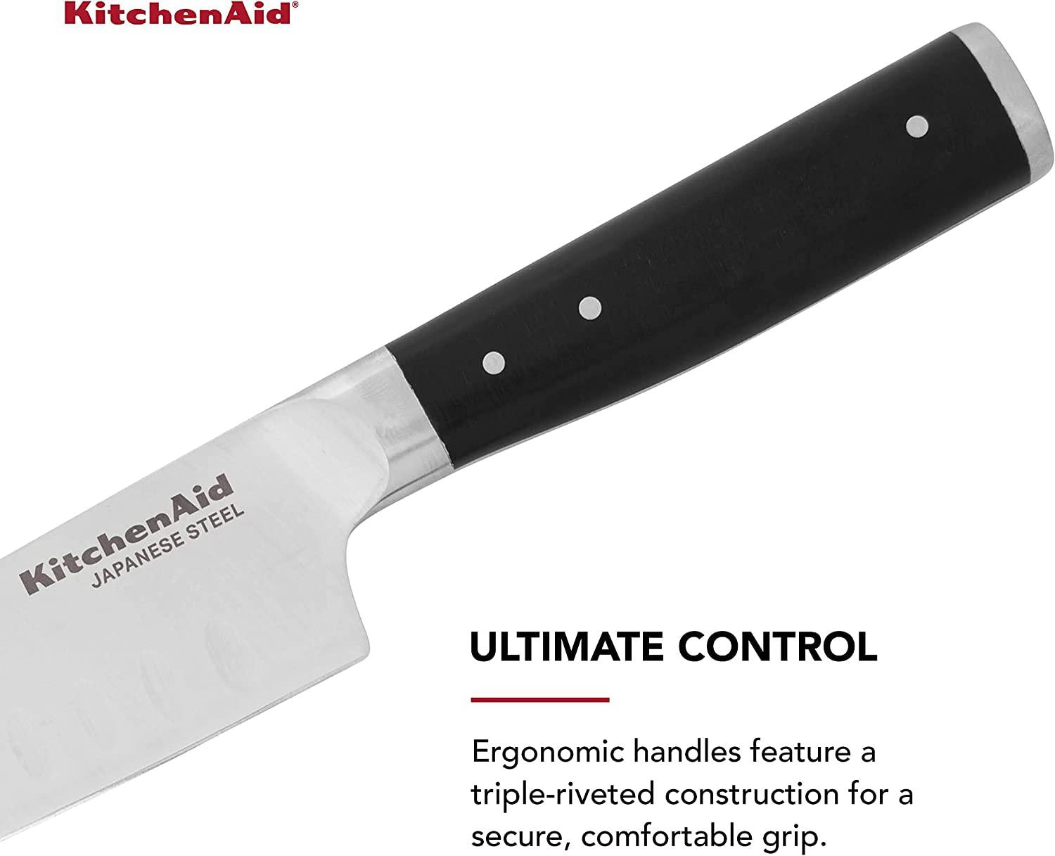KitchenAid Gourmet Forged Triple Rivet Santoku Knife with Custom-Fit Blade Cover, 5-inch, Sharp Kitchen Knife, High-Carbon Japanese Stainless Steel Blade, Black