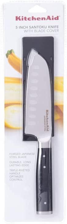 KitchenAid Gourmet Forged Triple Rivet Santoku Knife with Custom-Fit Blade Cover, 5-inch, Sharp Kitchen Knife, High-Carbon Japanese Stainless Steel Blade, Black