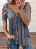 Casual V-Neck Zipper Short-Sleeved Solid Color T-Shirt