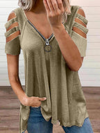 Casual V-Neck Zipper Short-Sleeved Solid Color T-Shirt