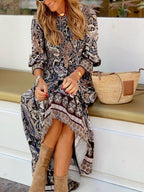 Fashion Paisley Print Smocking Maxi Dress Women
