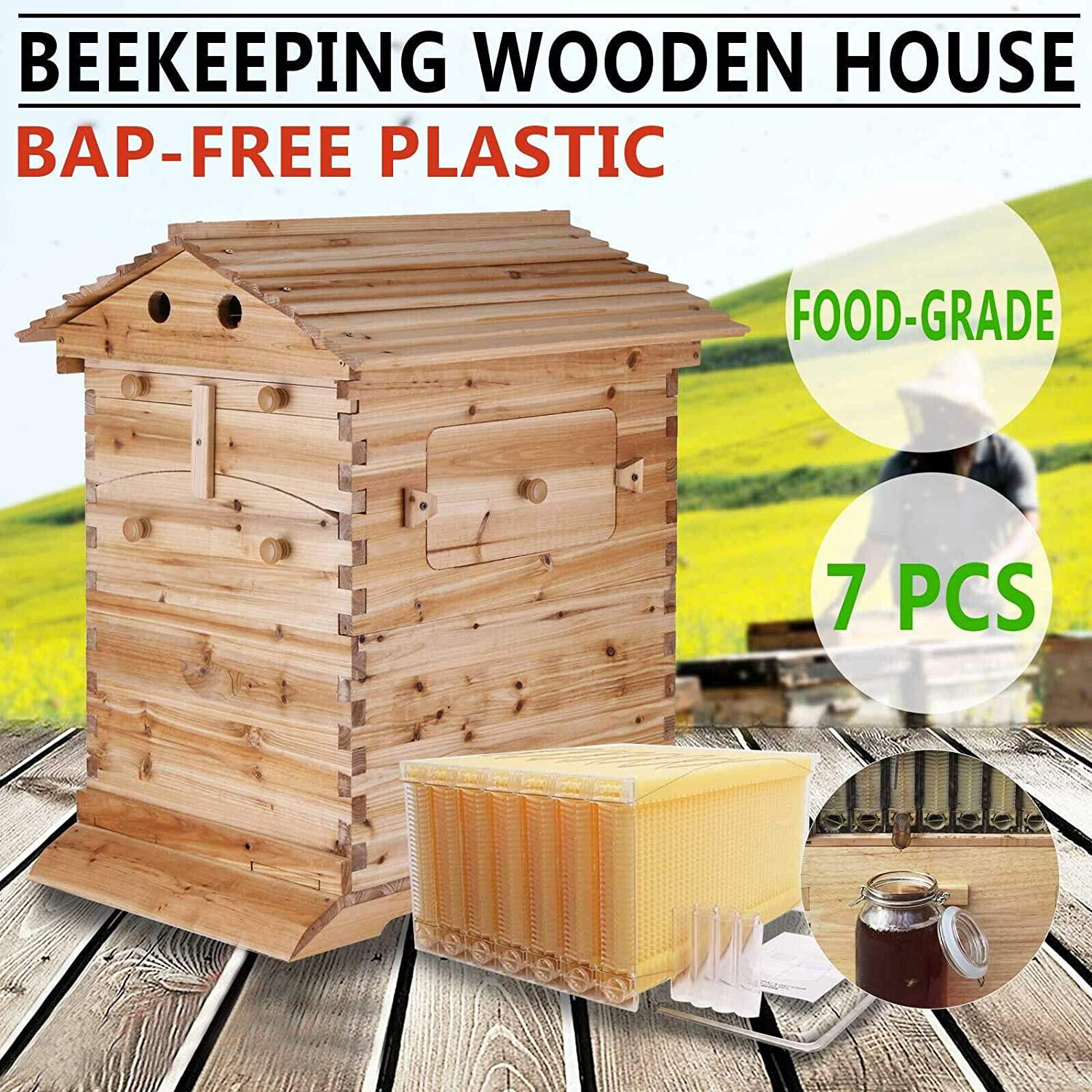 Auto Beehive Frame Comb - 7Pcs Automatic Wooden Beehive House, Auto Honey Hive Beehive Frames, Beekeeping Wooden House Beehive Boxes, Beehives and Supplies Starter Kit for Beekeepers