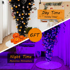Gymax 6FT Pre-lit Upside Down Black Halloween Tree Artificial Christmas Tree