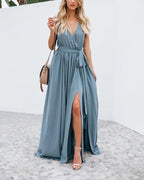 solid color v-neck mid-waist sleeveless gown