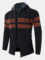 mens wide striped knit zip up plush lined thick hooded cardigans