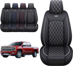 Front Seat Covers Chevy Silverado GMC Sierra Pickup Trail Boss Z71 Custom Fit 2007-2024 1500 2500HD 3500HD Crew Double Extended Cab Waterproof Leather Seat Protectors(2 PCS Front, Black-White)