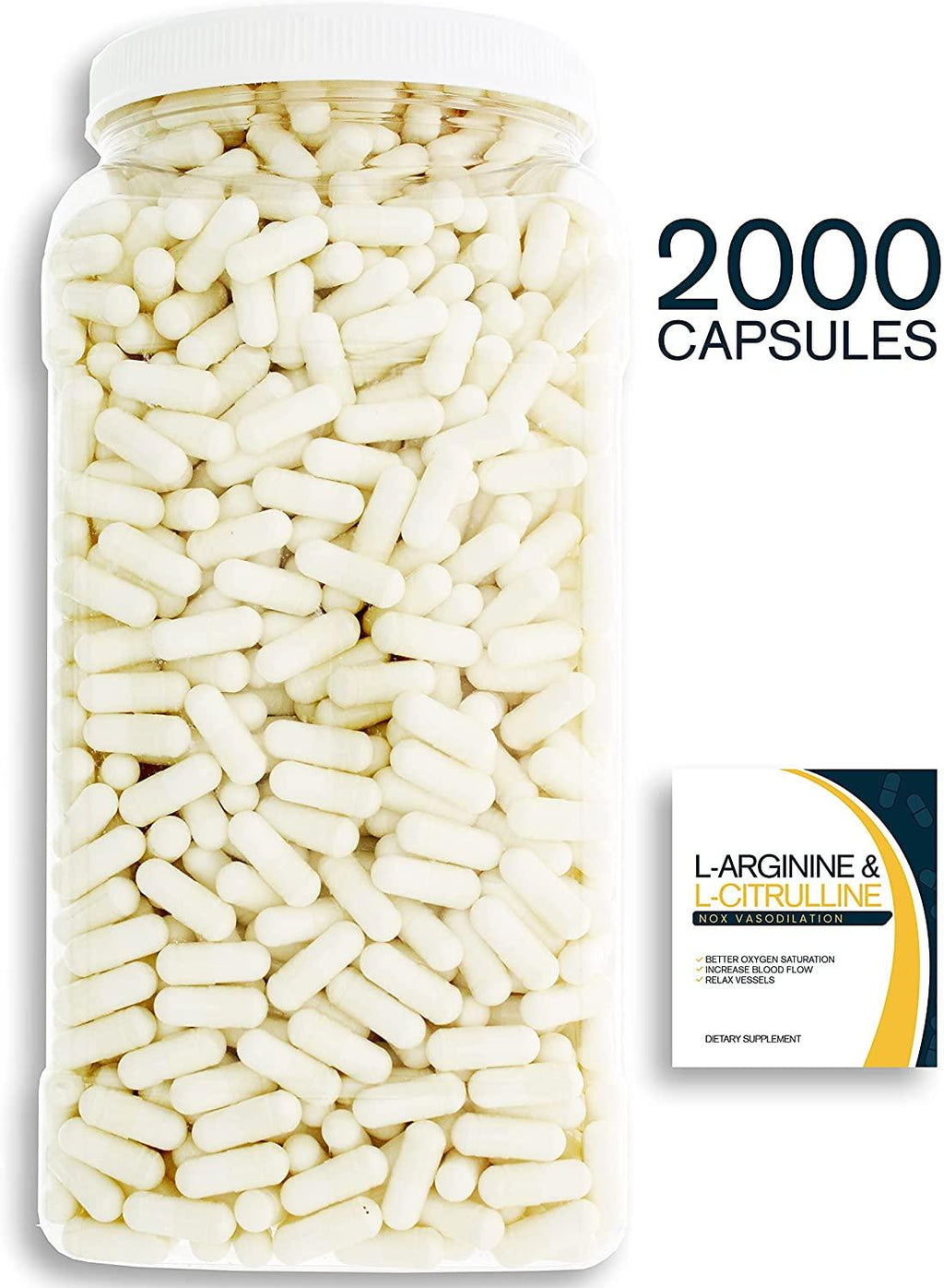 Bulk Buy NOX Blend - 2000 Capsules of L-Arginine & L-Citrulline in a Clear Square Grip Jar