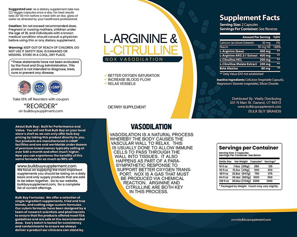 Bulk Buy NOX Blend - 2000 Capsules of L-Arginine & L-Citrulline in a Clear Square Grip Jar
