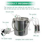 7L Cow MilMachine,Electric Automatic Pulsation Vacuum Portable Pulse Breast Pump with 2 Teat Cups  Steel Bucket for Cows