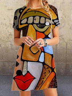 Fashion art print loose short sleeve dress