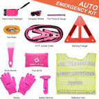 THINKWORK Car Emergency Kit for Teen Girl and Lady's Gifts, Pink Emergency Roadside Assistance kit with 10FT Jumper, First Aid Kit, Safety Hammer, Tow Rope, and More Ideal Pink Car Accessories Tool