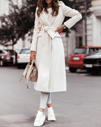 long sleeve v-neck tie woolen coat