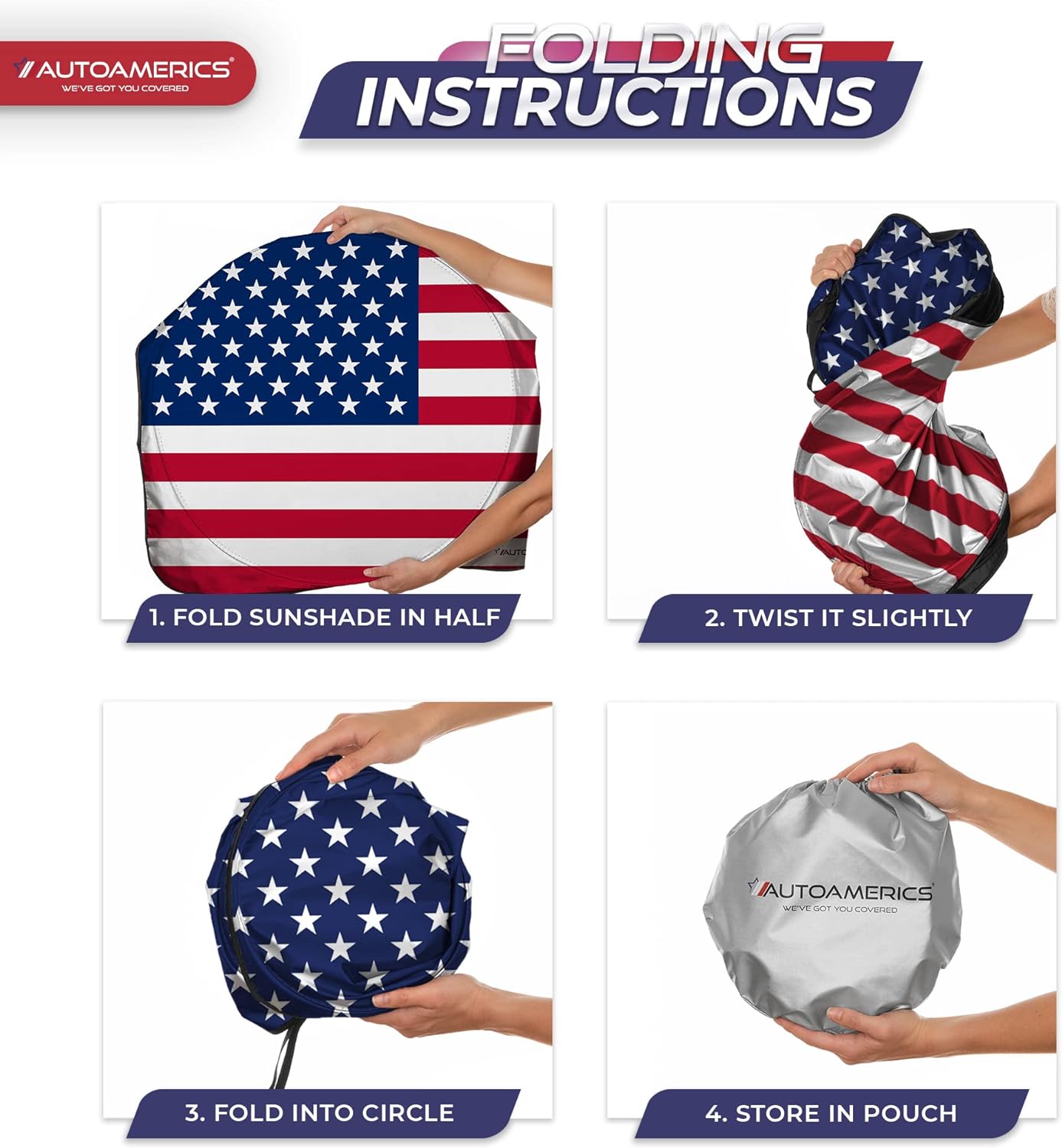 Autoamerics 1-Piece Windshield Sun Shade Original American Flag USA Patriotic  - Foldable Car Front Window Sunshade for Sedans SUV Truck - Blocks Max UV Rays and Keeps Your Vehicle Cool X-Large