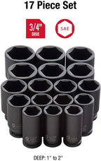 Sunex 4685, 3/4 Inch Drive Deep Impact Socket Set, 17-Piece, SAE, 1"-2", Cr-Mo Steel, Radius Corner , Dual Size Markings, Heavy Duty StoraCase