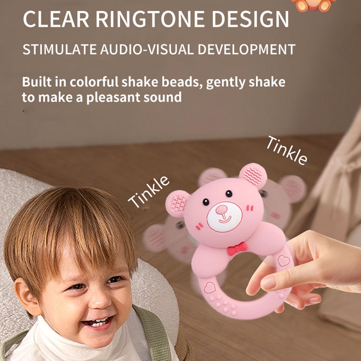 Baby Bear Teething Ring Rattle, Soft Silicone Teether Toy, Blue (Turquoise)