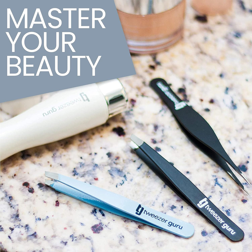 Tweezer Guru Tweezers for Women - Slant Pointed Precision Tweezers for Eyebrows &amp; Ingrown Hair Removal - Blackhead and Splinter Tweezer with Sharp Needle Nose Point for Plucking (Black)