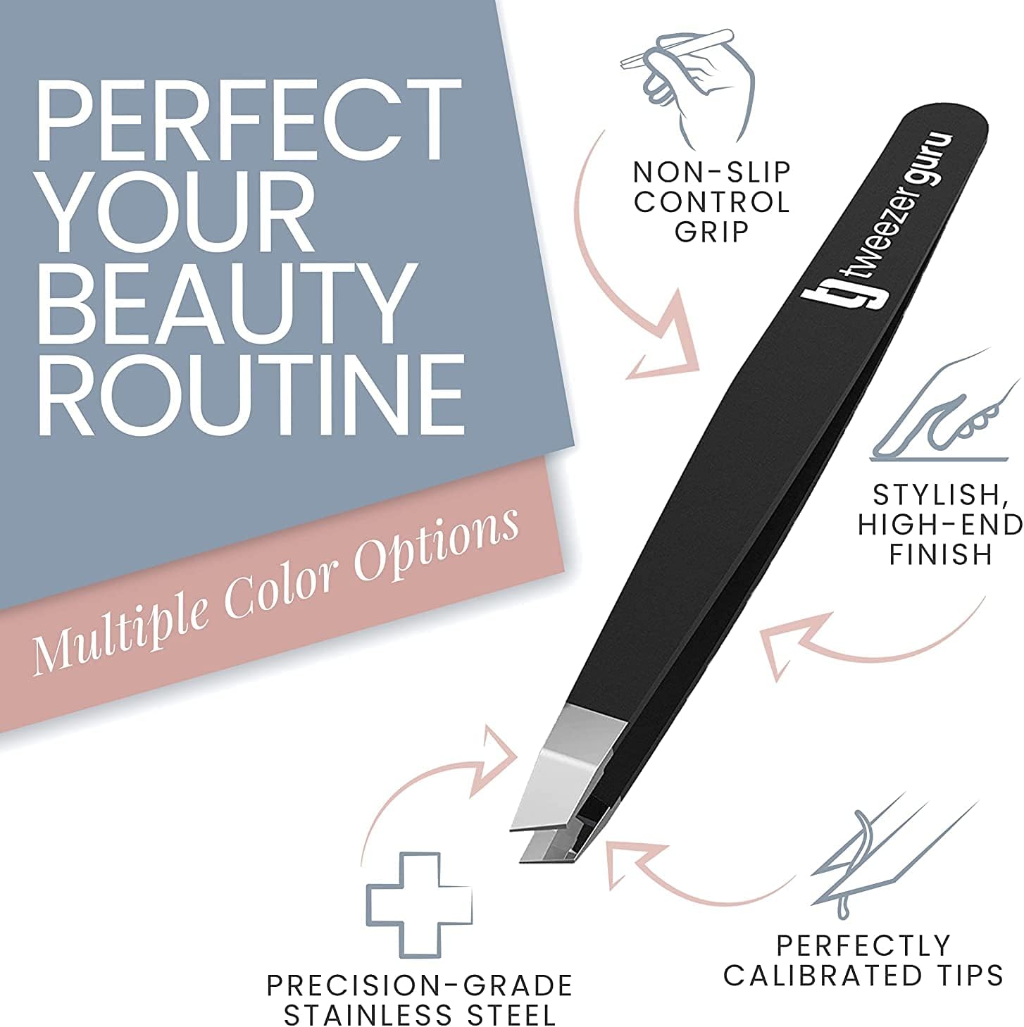 Tweezer Guru Tweezers for Women - 2pc Slant Pointed Precision Tweezers for Eyebrows &amp; Ingrown Hair Removal - Blackhead and Splinter Tweezer with Sharp Needle Nose Point for Plucking (Sky Blue)