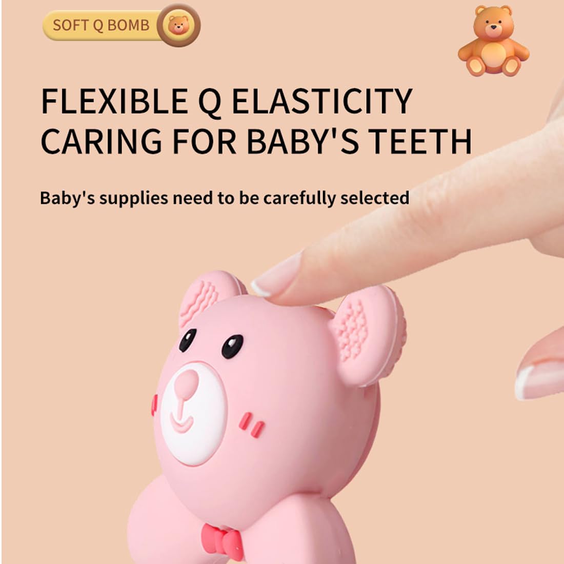 Baby Bear Teething Ring Rattle, Soft Silicone Teether Toy, Blue (Turquoise)