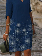Ladies Dandelion Printed V-neck Casual Shift Dress