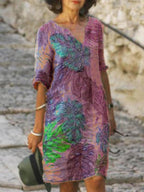 printed mid-sleeve V-neck dress