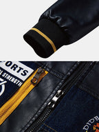 mens pu leather casual fleece lined thick varsity jacket with badges