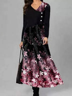 Fashion Flower Print Round Neck Long Sleeve Casual Maxi Dress