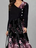 Fashion Flower Print Round Neck Long Sleeve Casual Maxi Dress