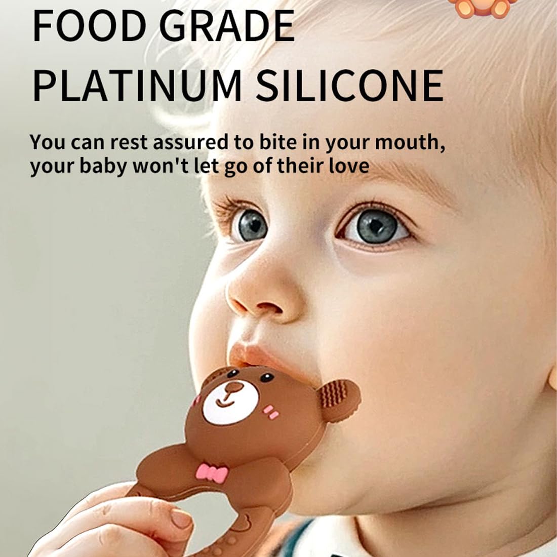 Baby Bear Teething Ring Rattle, Soft Silicone Teether Toy, Blue (Turquoise)