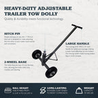 Tow Tuff TMD-600AFF Heavy Duty Solid Steel 600 Pound Capacity Trailer Dolly with Adjustable Hitch Ball Height and 10 Inch Flat  Tires,Black,600 lb Capacity/2 Wheels