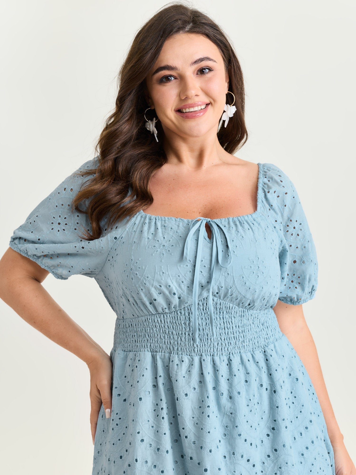Eyelet Embroidered Cinched Waist Mini Dress